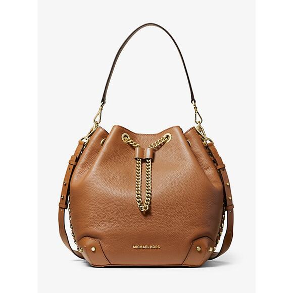 Michael Kors Alanis Large Pebbled Leather Bucket Bag Acorn New With Dust Bag - Picture 2 of 15